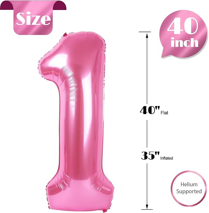 Pink Number 1 Balloon 40 Inch, 1st Birthday Balloon for Baby Boy Girl Toddler First Birthday Decorations, Shiny Pink Party Supplies