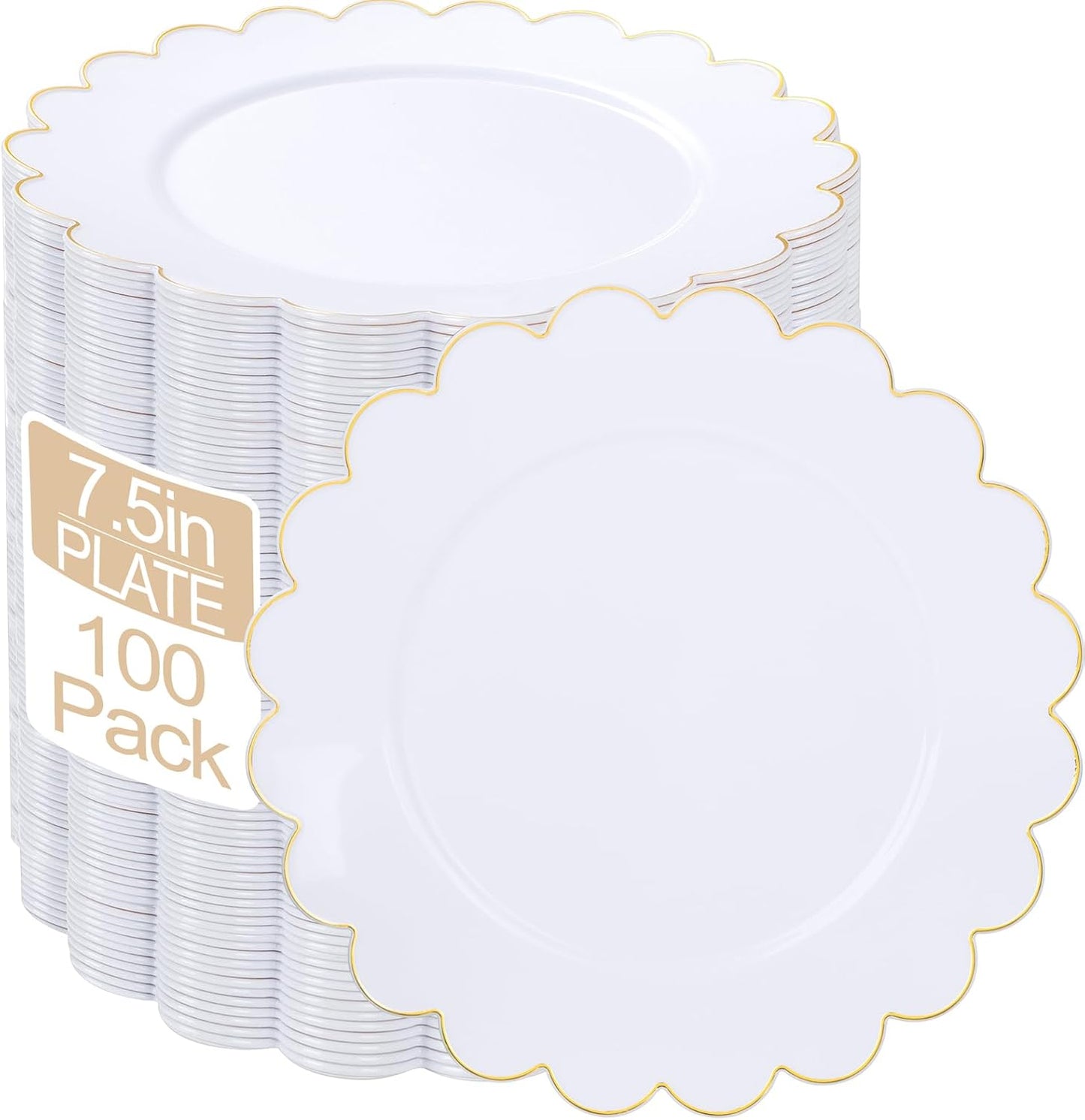 LIYH 100 Pcs Gold White Dessert Plates - 7.5" Disposable Fancy Cake Plates - White with Gold Rim Premium Hard Appetizer Cake Plastic Wedding Plate for Party,Bridal Shower,Birthday