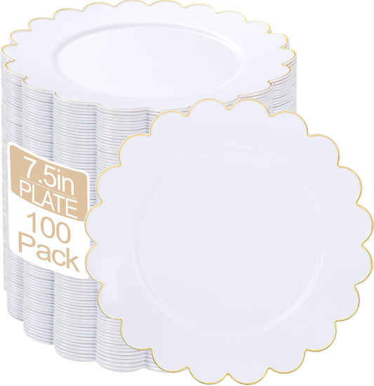 LIYH 100 Pcs Gold White Dessert Plates - 7.5" Disposable Fancy Cake Plates - White with Gold Rim Premium Hard Appetizer Cake Plastic Wedding Plate for Party,Bridal Shower,Birthday