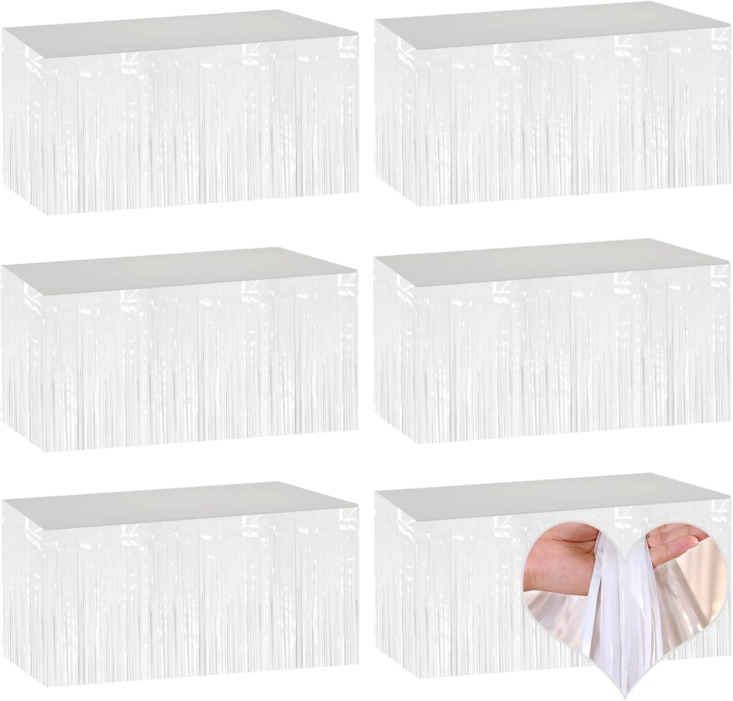 6 Pack 29x108 Inch White Metallic Foil Fringe Table Skirts Banner for Tinsel Streamer Garland Curtains Backdrop for Parade Floats Wedding Baby Shower Birthday Christmas Halloween Party Decoration