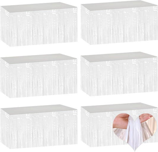 6 Pack 29x108 Inch White Metallic Foil Fringe Table Skirts Banner for Tinsel Streamer Garland Curtains Backdrop for Parade Floats Wedding Baby Shower Birthday Christmas Halloween Party Decoration
