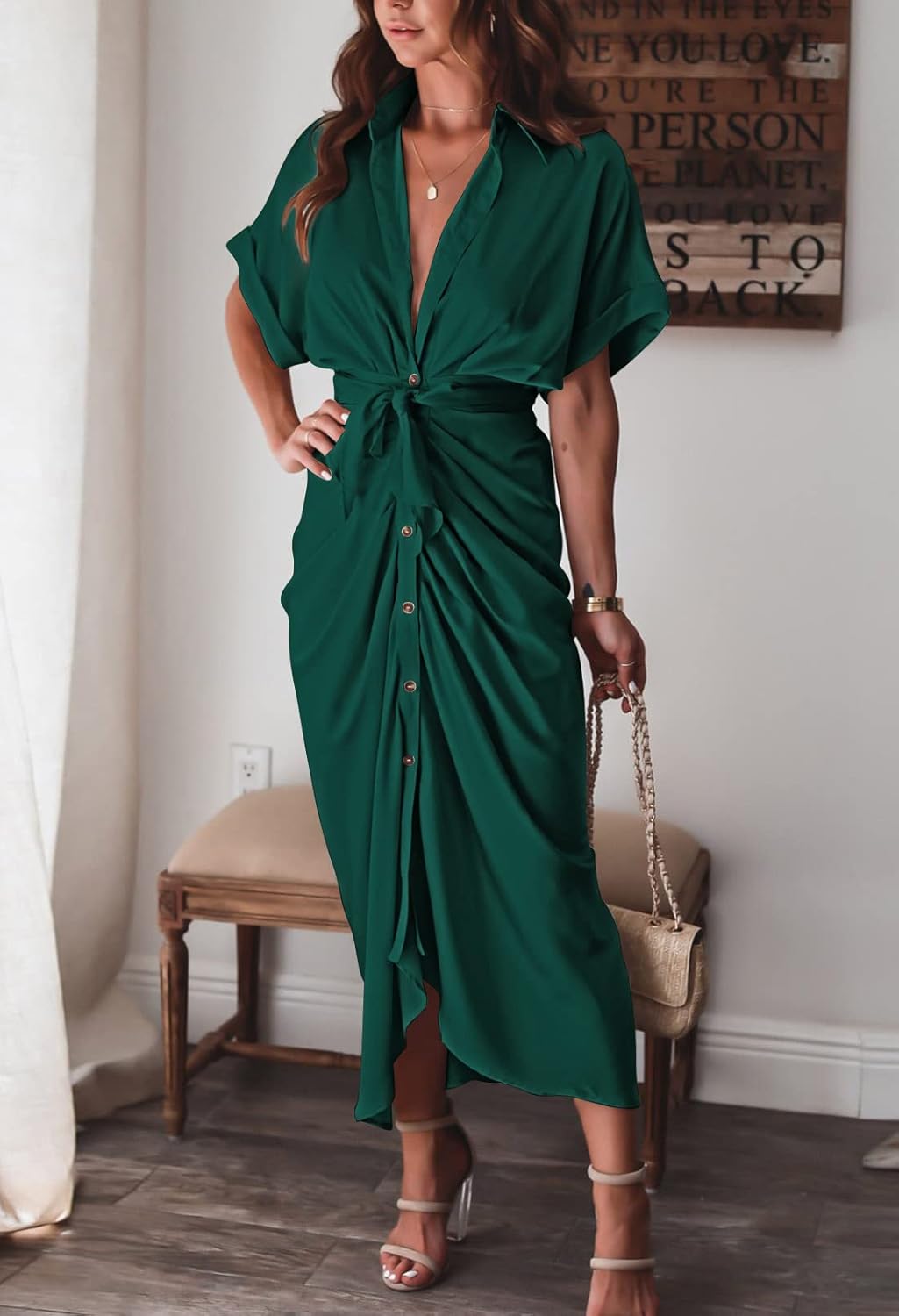Women Elegant Satin Button Down Short Sleeve Maxi Shirt Dress with Belt