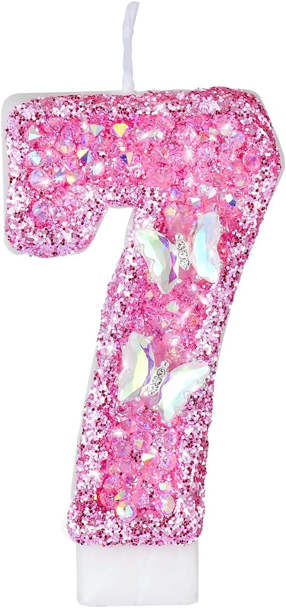 Birthday Candles, Number Candles for Birthday Cakes with Butterfly, Pink Birthday Candles Sparklers, 3.2" Cake Candles for Cake Topper Decoration, Party/Festival Celebration(Number 7)