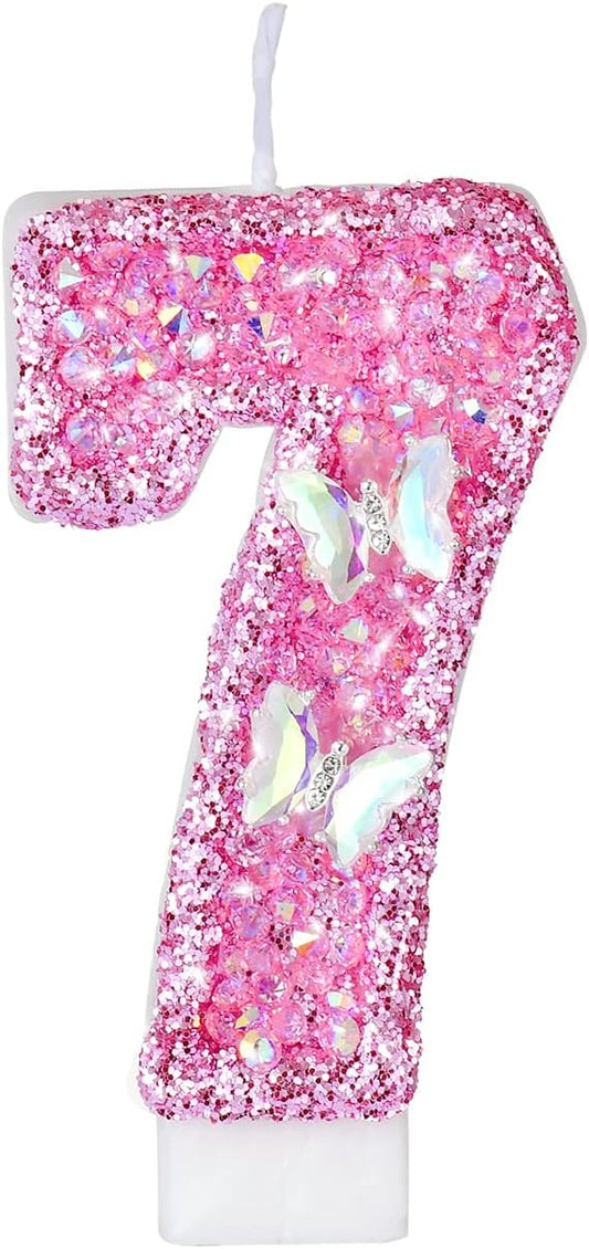Birthday Candles, Number Candles for Birthday Cakes with Butterfly, Pink Birthday Candles Sparklers, 3.2" Cake Candles for Cake Topper Decoration, Party/Festival Celebration(Number 7)