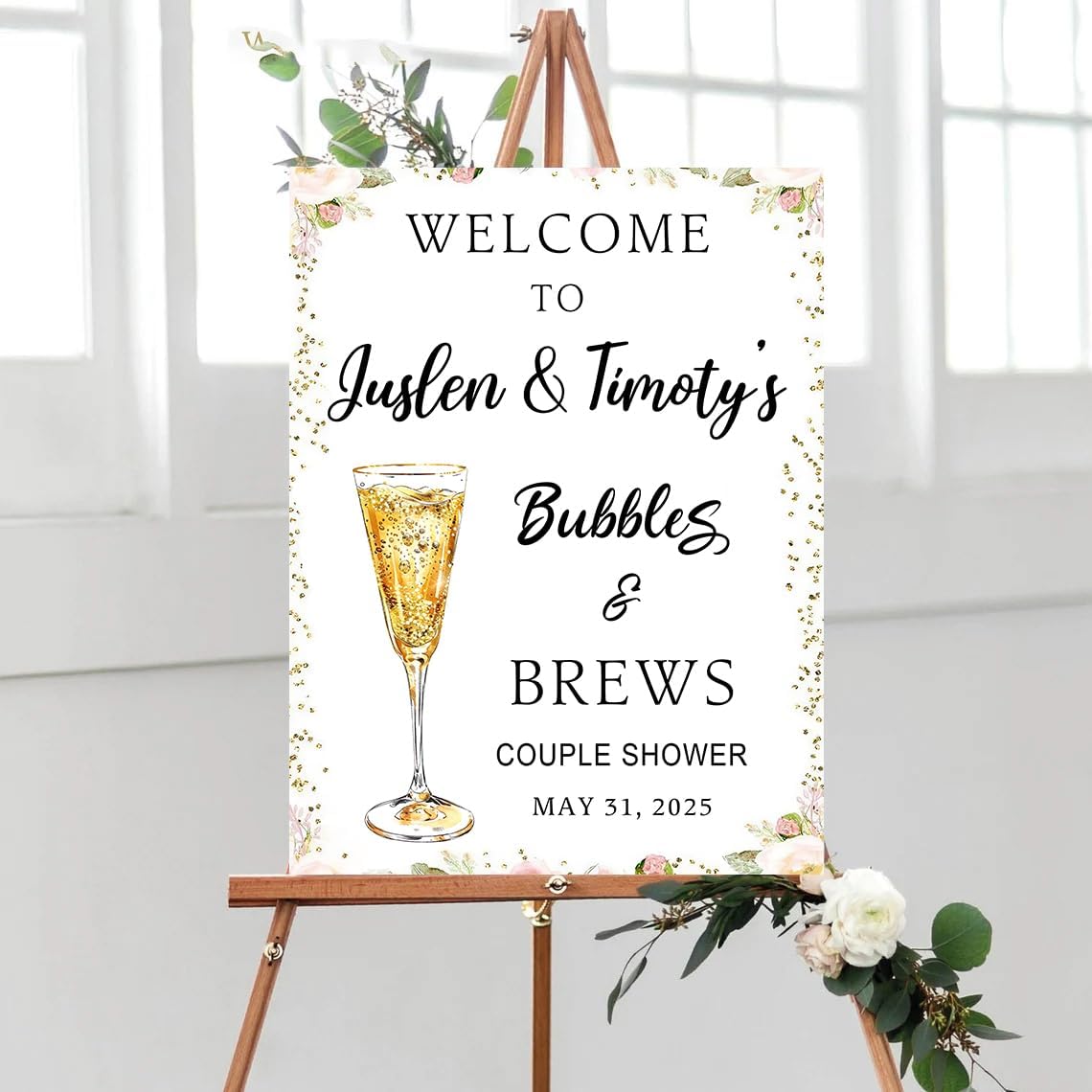 Personalized Greenery Eucalyptus Bubbles and Brews Couples Shower Welcome Sign, Gold Modern Minimalist Wedding Shower Bridal Party Decoration, Outdoor Plastic Sign Weatherproof #17