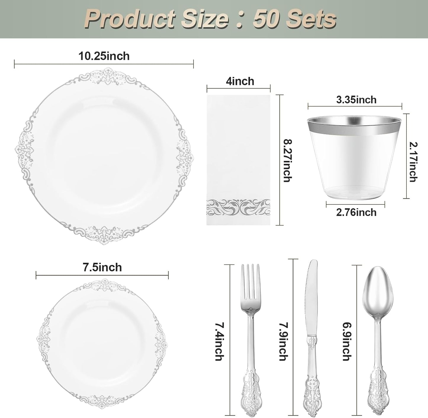 350PCS Silver Plastic Plates for 50 Guests, Disposable Dinnerware Set Includes 100 Disposable Plates, 150 Silver Silverware, 50 Cups, 50 Napkins for Party & Wedding
