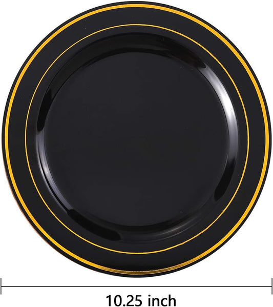 bUCLA 100 Pieces Black and Gold Plastic Dinner Plates - 10.25 inch Black Disposable Plates with Gold Rim - Ideal for Party, Graduation & New Year
