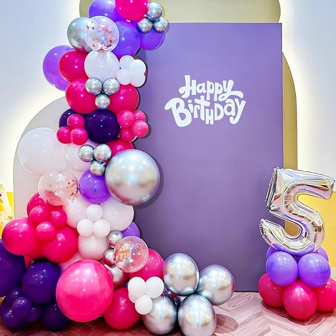 Hot Pink Purple White Silver Balloon Garland Arch Kit, 167Pcs Latex Balloons Different Sizes 18 12 10 5 inch for Women Princess Girl Birthday Bridal Baby Shower Party Decoration