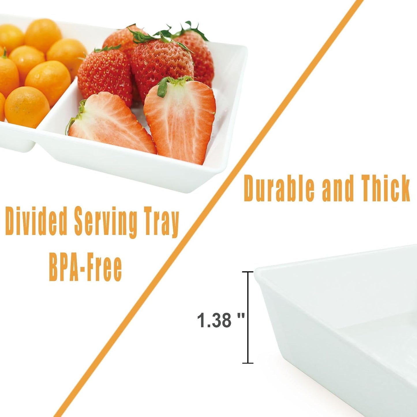 Divided Serving Tray Platter, 4 Pack 10" x 5" Fruit Veggie Food Tray for Party, Plastic Serving Trays for Appetizer, Snack, Dessert, Cookie, Brunch Decorations Platters, White Trays BPA-Free