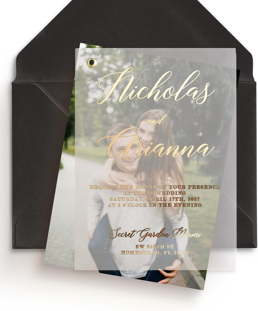 Elegant Vellum Wedding Invitations with Gold Foil and Picture, Personalized Foiled Invitation in Gold, Silver, Rose Gold, Custom Photo Invites (A6 (4" x 6" or 10 x 15 cm), Rose Gold Foil)