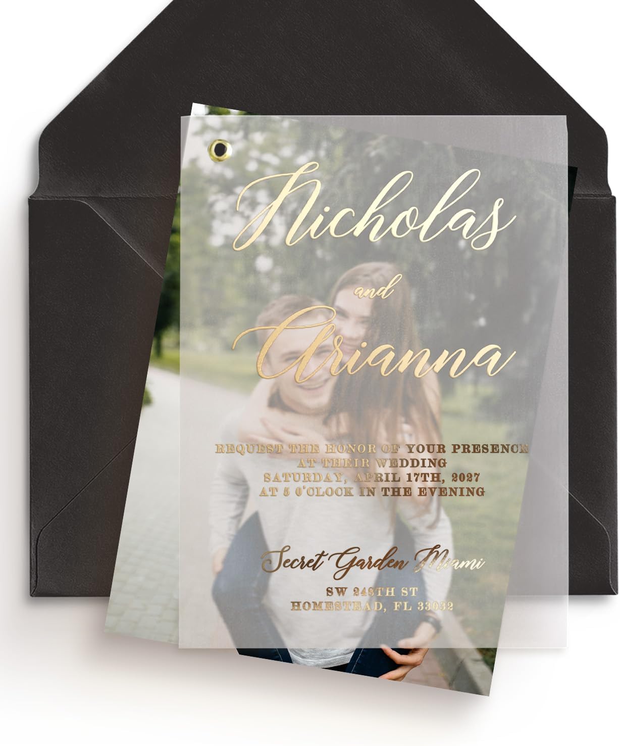 Elegant Vellum Wedding Invitations with Gold Foil and Picture, Personalized Foiled Invitation in Gold, Silver, Rose Gold, Custom Photo Invites (A7 (5" x 7" or 12,7 x 17,8 cm), Black Ink)