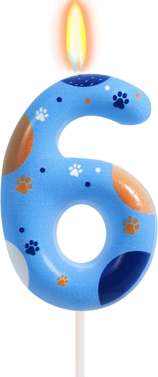Blue Dog Paw Birthday Candles, Number 6 Paw Print Birthday Party Supplies, 2.76 inch Paw Cake Topper Decorations, Birthday Decorations (Number 6)
