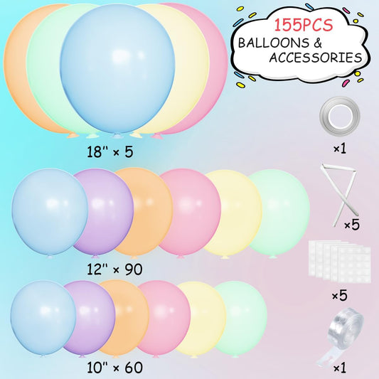 Pastel Rainbow Balloon Arch Garland Kit, 155Pcs Multicolor Macaron Balloons for Birthday Party Baby Shower Wedding Decorations