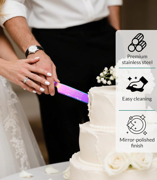 HJX Personalized Wedding Cake Knife and Server Set, Custom Names Cake Cutting Set, Customized Knife and Cake Server Set Gift for Bridal Anniversary Birthday Wedding Registry (Multicolor)