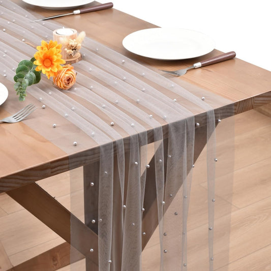 Gray Pearl Fall Thanksgiving Table Runner Boho Rustic Tulle Lace Table Runner for Baby Shower Wedding Arch Decor Veil Dessert Table Decor