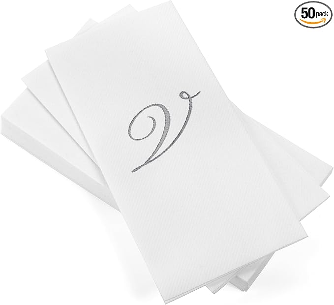 AMERICAN HOMESTEAD Disposable Hand Towels - Silver Foil Monogrammed Guest Napkins - Linen-Like Bathroom Paper Towels for Guests - Perfect Wedding and Party Napkins - 50 Count (Silver V)