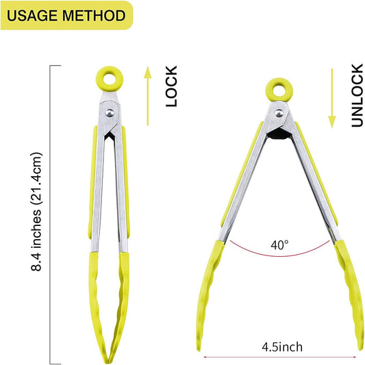 MSY BIGSUNNY Kitchen Food Tongs with Silicone Tips,7 Inch Serving Tongs for Grilling,Locking,BBQ Set of 3 (Yellow)