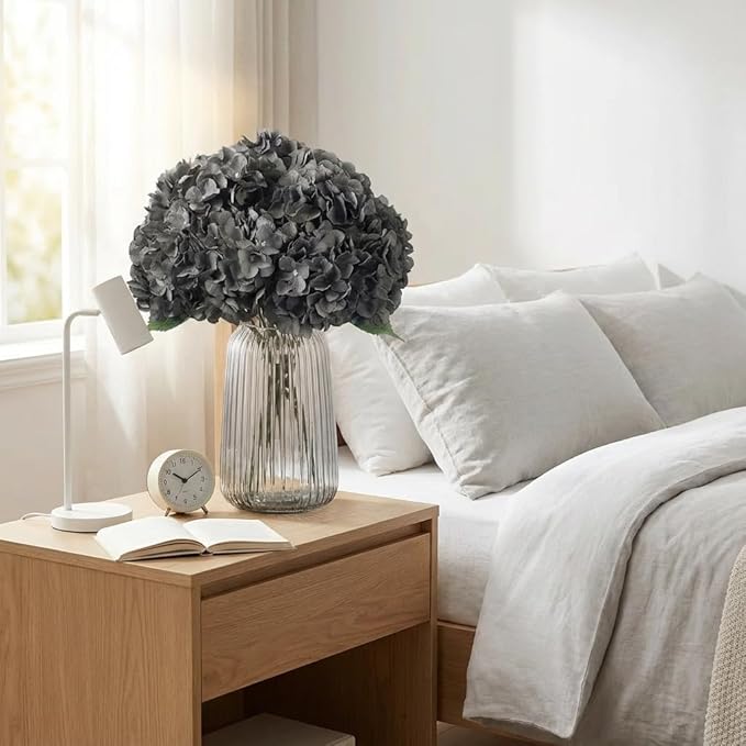 2Bouquets Artificial Fake Flowers Plants Silk Hydrangea Arrangements Wedding Bouquets Decorations Plastic Floral Home Kitchen Garden Party Festival Bar DIY (Gray,5 Flower Heads)