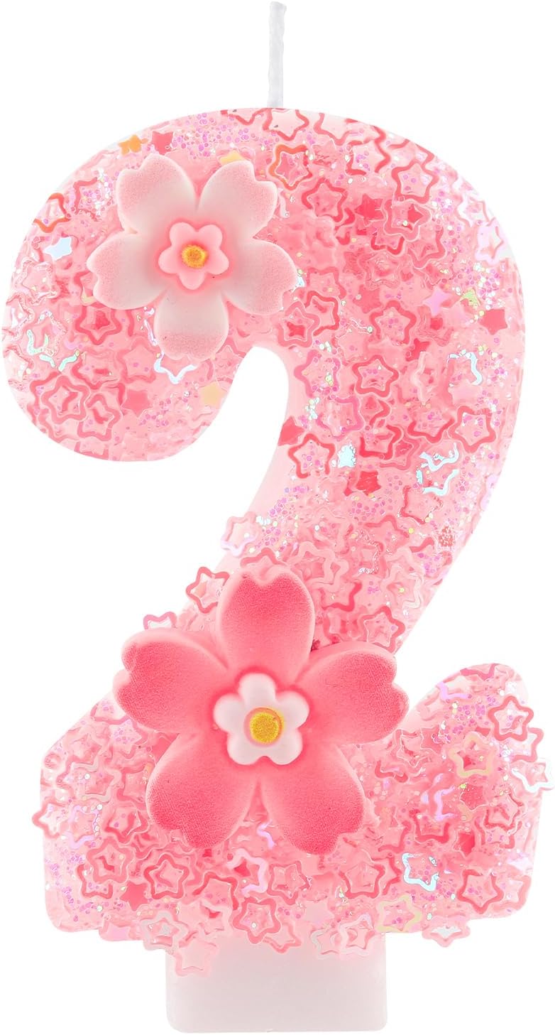 Cherry Blossom Pink Number 2 Birthday Candle, 2.8in Cute Shiny 2nd Happy Birthday Candle with Tray & Stick Girls Two Candle for 2 Birthday Ideal Birthday Parties Cake Decoration & Gifts