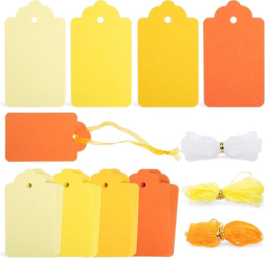 SallyFashion 100PCS Gift Tags, Yellow Paper Tags Hanging Label with Organza Ribbons for Gift Wrapping Fall Thanksgiving DIY Crafts Decoration