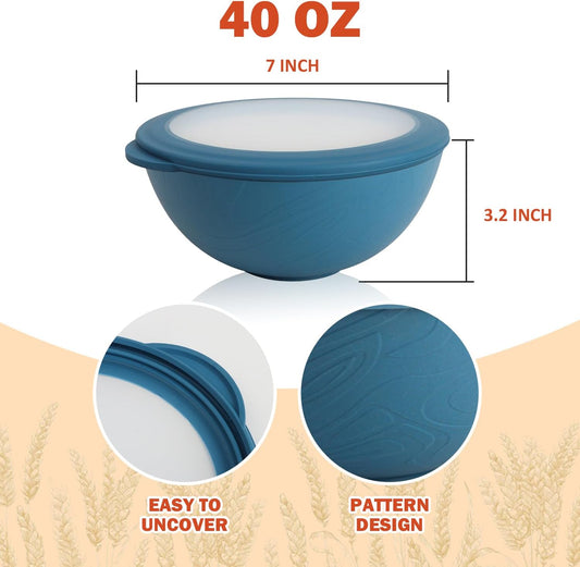 Wrova wheat straw bowls with lids set of 4, 40oz cereal bowls with covers,unbreakable salad container for lunch, dishwasher safe bowl sets for kitchen. Blue