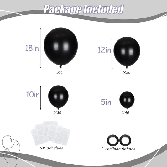 104pcs Black Balloons - 18/12/10/5 Inch Different size Black Latex Balloons Garland Arch for Birthday Wedding New Year's Eve Halloween Party Decoration