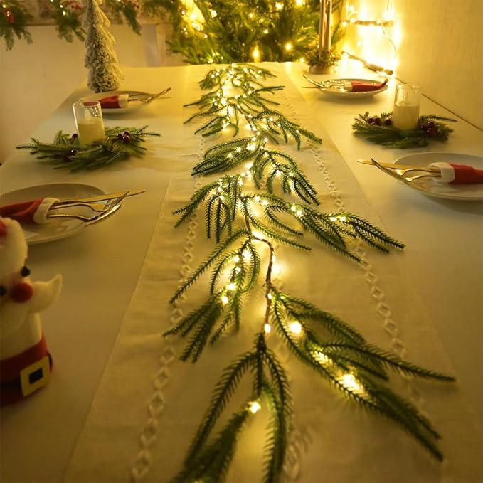 2025 New Christmas Norfolk Garland Lights 6.56FT Pine Garlands 96 LED 8 Flash Modes Battery Operated Xmas Garland Lights with Timer Lighted Christmas Decorations for Mantle Fireplace Door Home Holiday