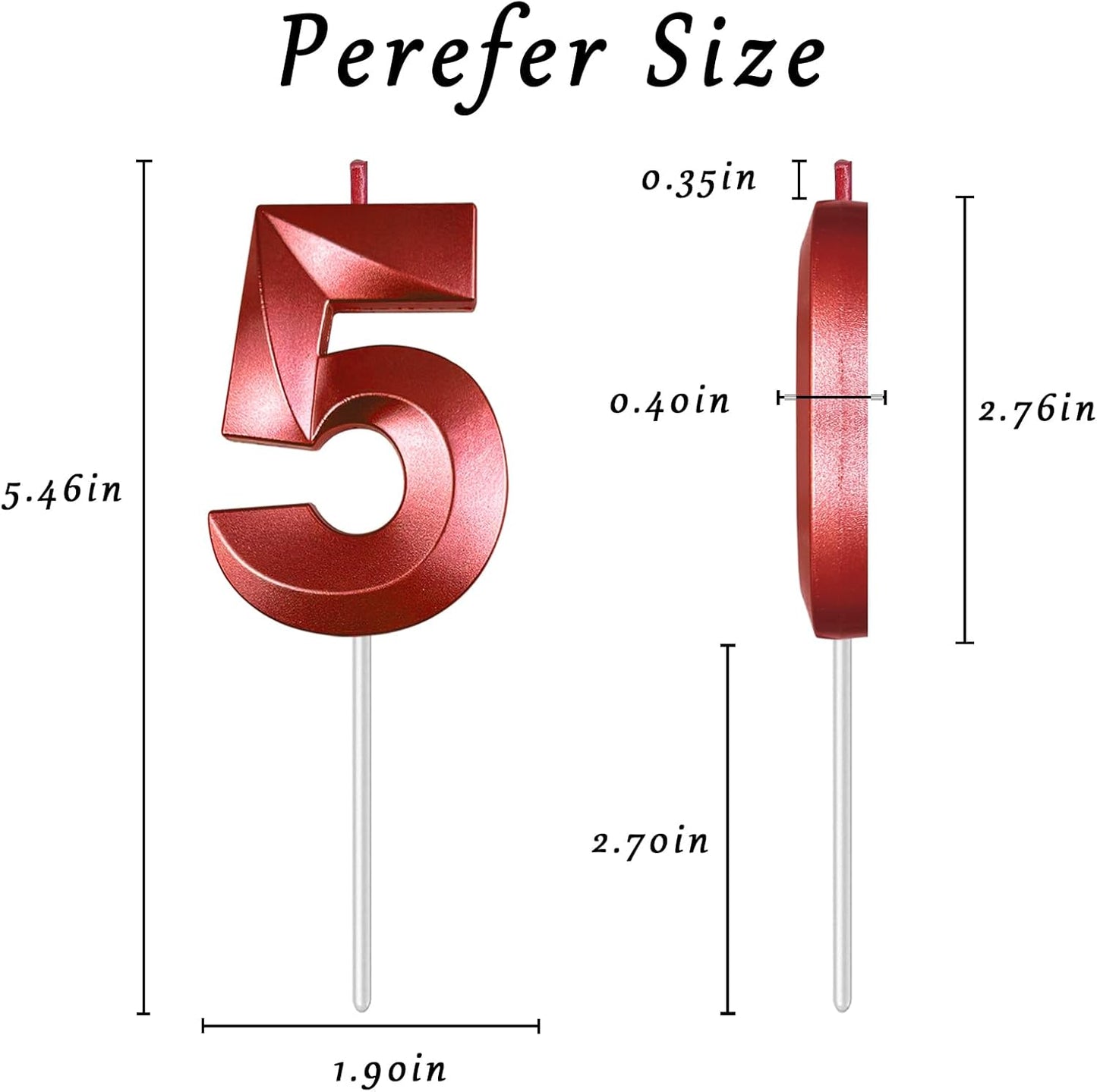 Red Number 5 Candles, 3D Diamond 2.76 Inch Cake Topper Birthday Candles for Wedding Anniversary Cake Decorations, Happy Birthday Party Decorations