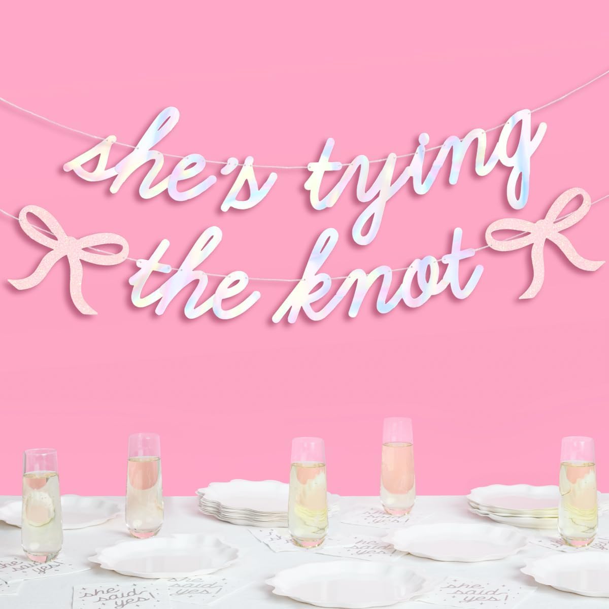 xo, Fetti She's Tying the Knot Banner - Iridescent Foil | 4.5 Ft. | Bow Bachelorette Decorations, Engagement Party Sign, Proposal Background, Bach Supplies