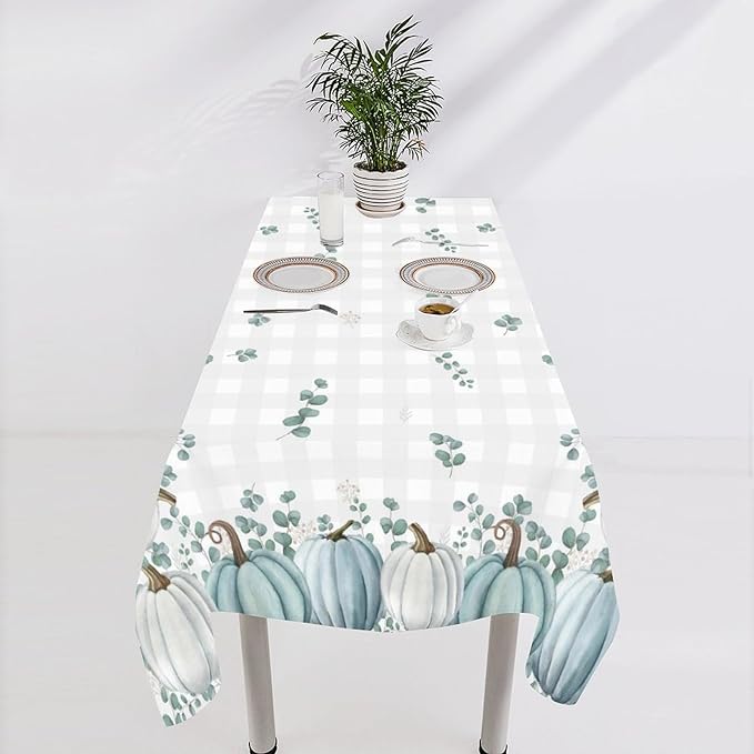 YCness Thanksgiving Pumpkin Tablecloth, Watercolor Eucalyptus Leaves Autumn Harvest Fall Watercolor Blue Gray Grid Table Cover for Party Picnic Dinner Kitchen 60x120 Inch Rectangle