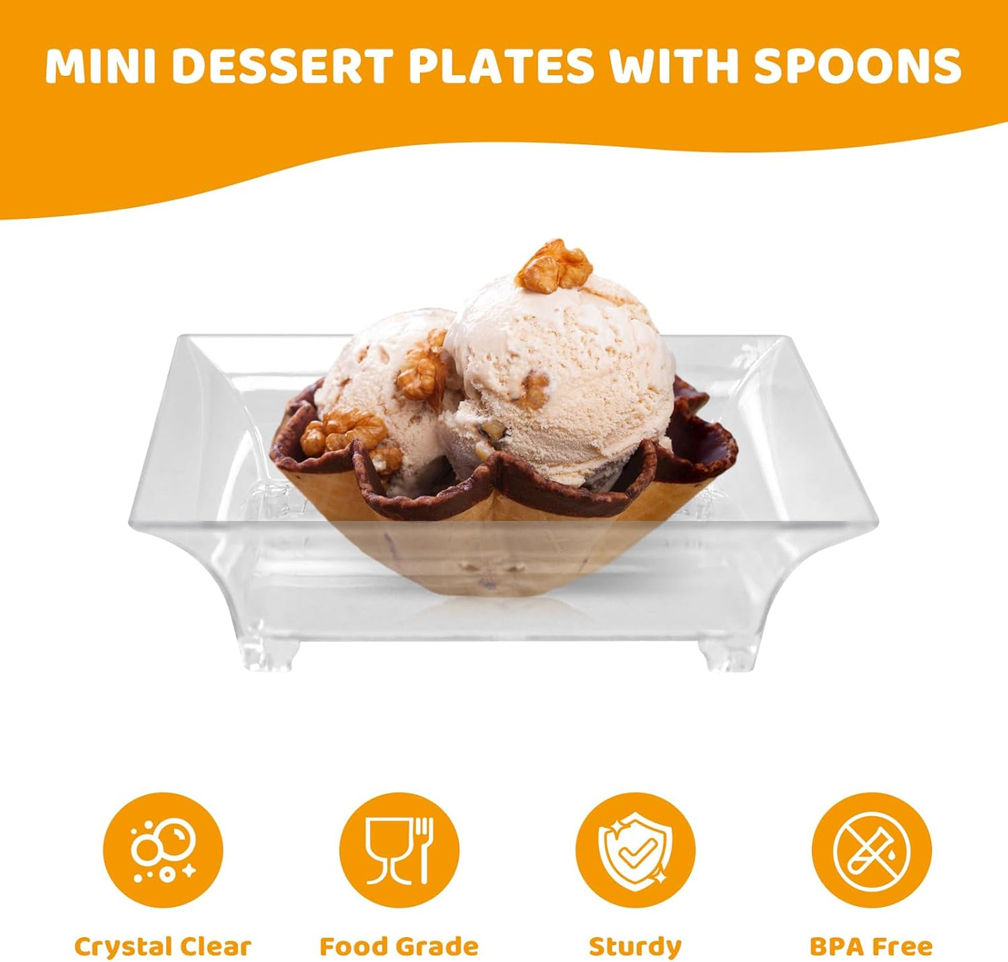 100 Pack 1 oz mini Square Dessert Plates for Appetizers，Mini Plastic Plates with Spoons，Reusable Square Small Party Serving Bowls for Trifle, Cheesecake, Ice cream