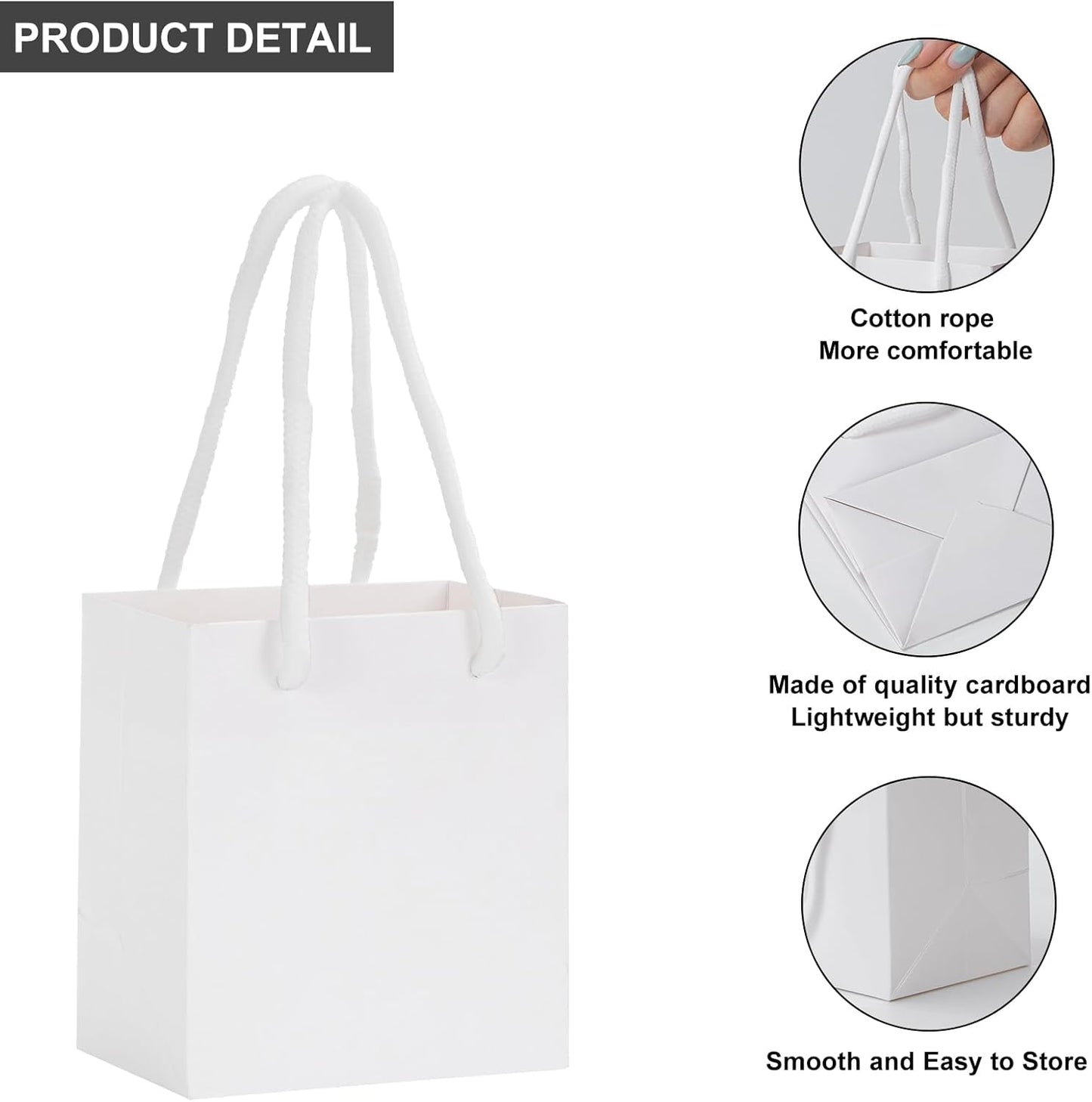 driew Small White Gift Bags 50 Pcs, 4" x 2.8" x 4.5" Min Thick Kraft Paper Bags Bulk with White Handles Set for Wedding Party Birthday Gathering Baby Shower