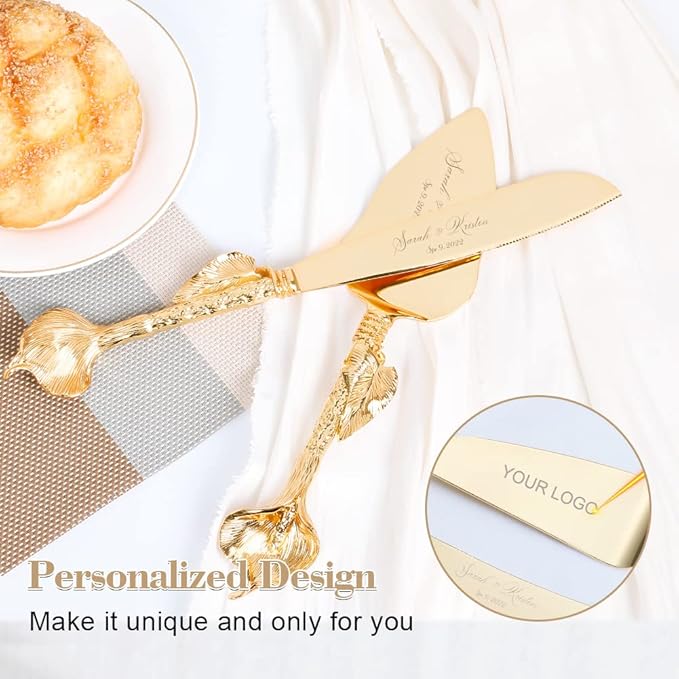 TUKDAK Cake Cutting Set for Wedding, Personalized Gold Cake Knife and Server Set, Custom Cake Serving Set, Engraved Pastry Pie Server Cake Pizza Cutter, Birthday Bridal Gift (CUS-Rustic)