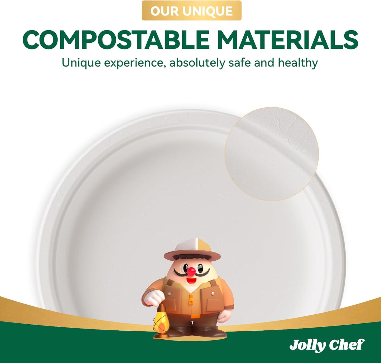 JOLLY CHEF Compostable Heavy Duty Plates 9 Inch [300 Pack] Eco-Friendly Disposable Natural Paper Plates Bagasse Biodegradable Bulk for Party Dinner Sugarcane Fibers Thanksgiving Day(White)