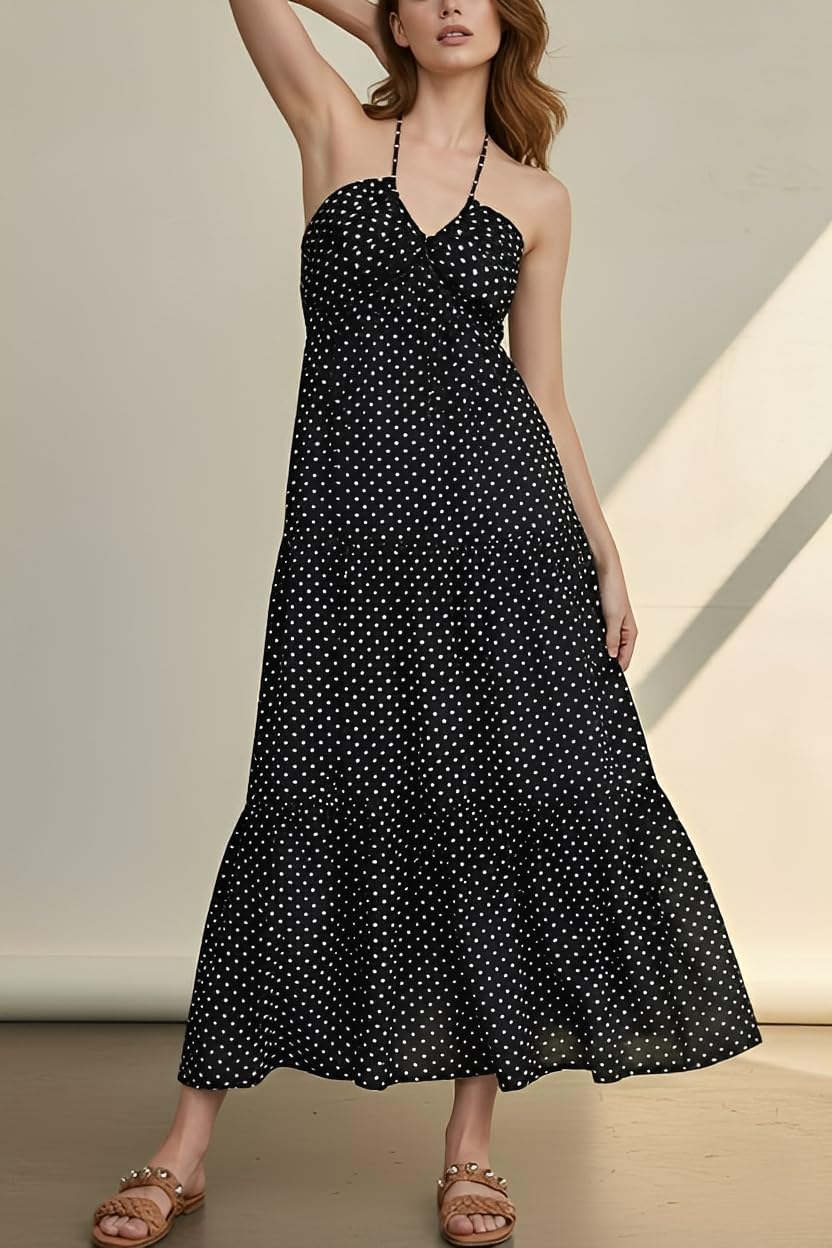 Women's Casual Halter Tiered Vacation Maxi Dress with Pockets