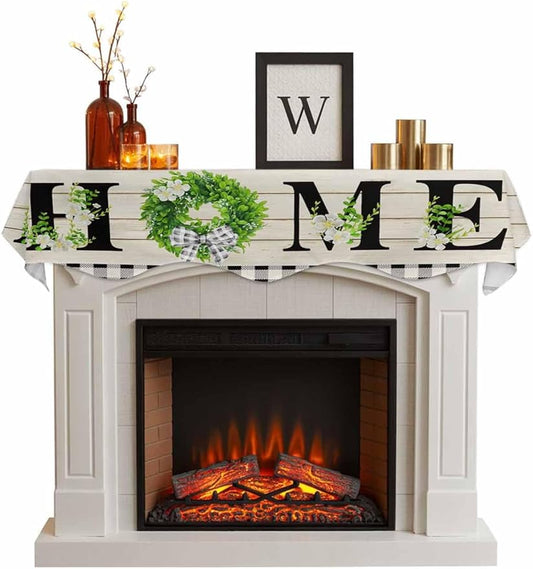 Rustic Home Fireplace Mantel Scarf Table Runner,Eucalyptus Leaves Floral Wooden Buffalo Plaid Winter Garland Mantel Top Tablerunners Dresser Scarves Cover for Windows Party Living Room 90"x17"