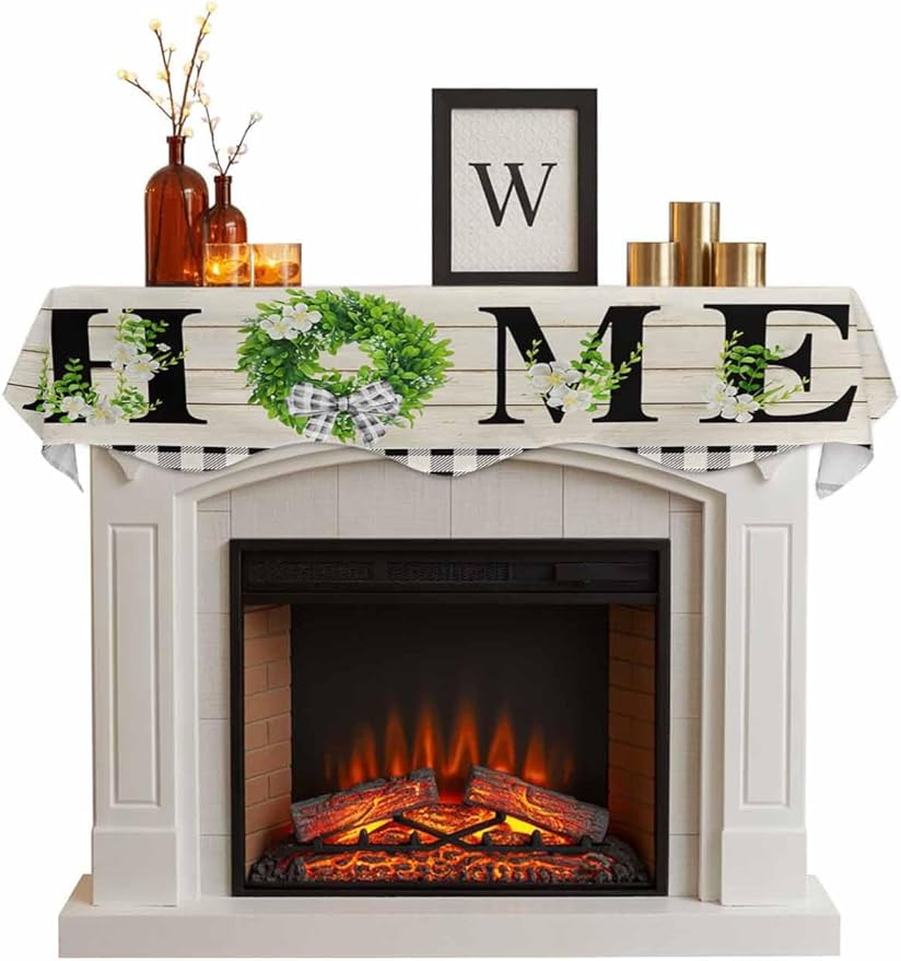 Rustic Home Fireplace Mantel Scarf Table Runner,Eucalyptus Leaves Floral Wooden Buffalo Plaid Winter Garland Mantel Top Tablerunners Dresser Scarves Cover for Windows Party Living Room 70"x17"