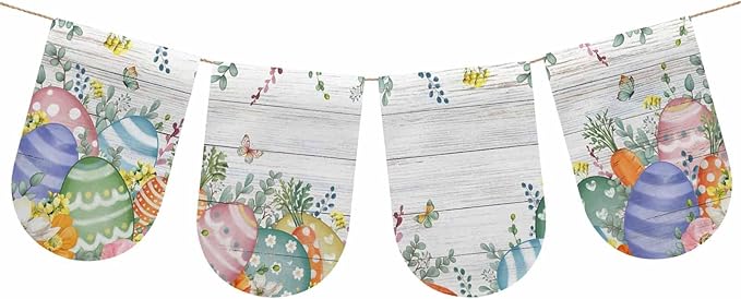 Easter Eggs Banner 4Pcs Indoor Outdoor Hanging Banner Flag Spring Flowers Eucalyptus Leaves Wooden Grain Sign for Fireplace Mantel Decorative Bunting Garland Valance for Shop Door Decor 7.9"x11.8"