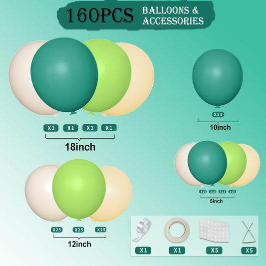 Green White Balloon Arch Kit, 160Pcs Dark Green Lime Green White Sand and White Balloons Garland for Birthday Baby Shower Anniversary Jungle Party Decorations