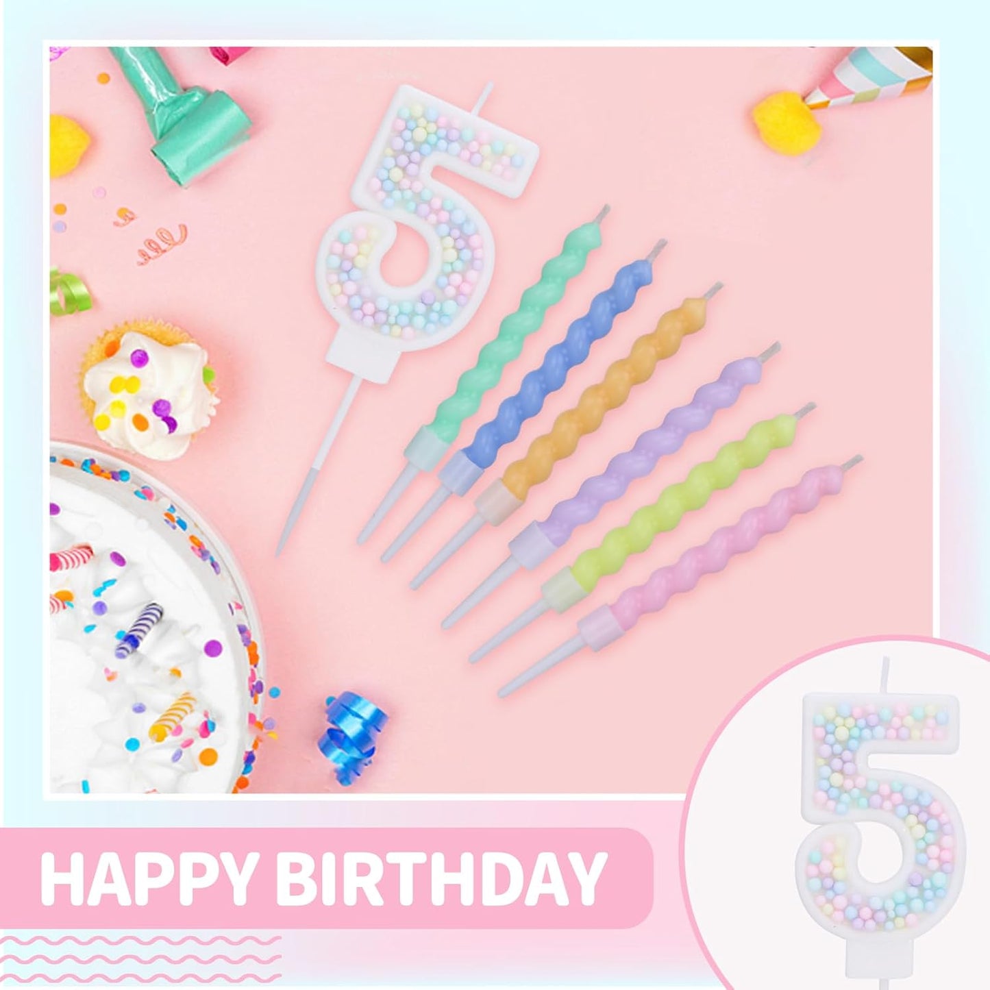 Number 5 Birthday Candles for Cake with 16 Pieces Spiral Candles with Macaron Pastel Rainbow Pink Cake Toppers for Girls Happy Birthday Party Decorations