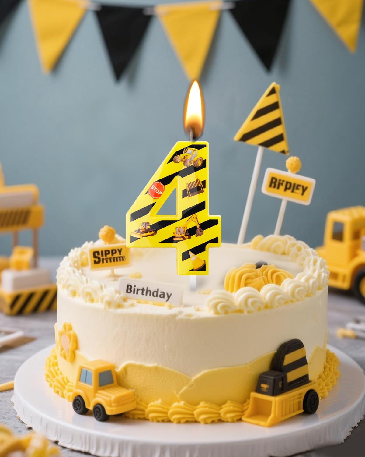 Number 4 Construction Birthday Candle, 2.68 Inch Yellow and Black Striped Candle, Birthday Candles Numbers Construction Cake Topper for Boys Girls, Construction Birthday Party Supplies Decorations