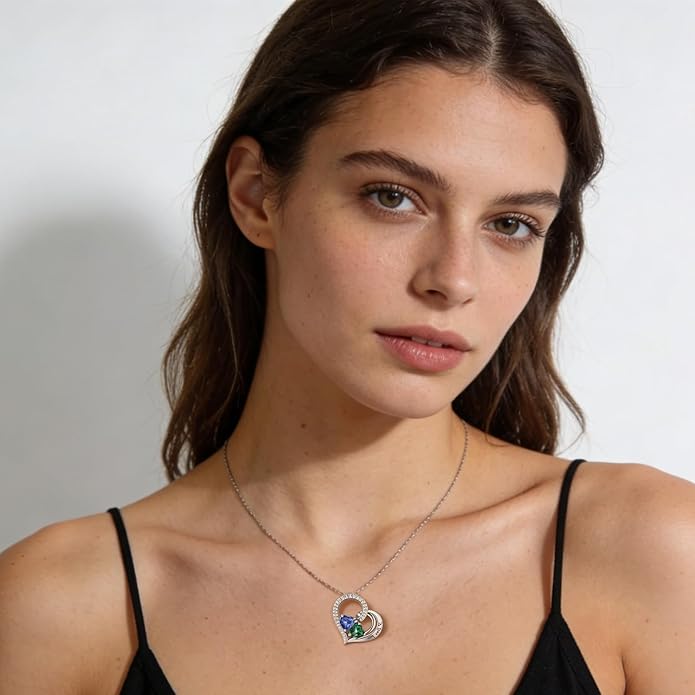 Double Birthstone Heart Necklace 0.8CT Dual-Gemstone S925 Sterling Silver Plated White Gold Engraved I Love You Perfect Anniversary/Valentine's Day Gift for Wife/Girlfriend/Mom/Daughter