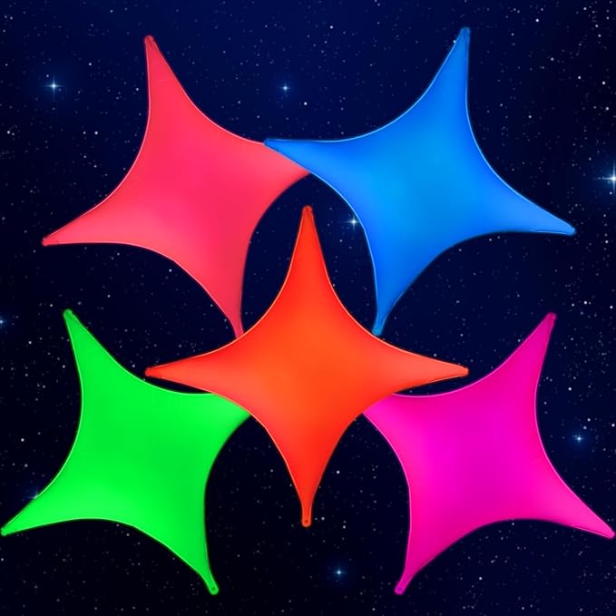 Mega-L Glow in the Dark Party Supplies, 5 Pcs Neon Star Balloons Set – Fluorescent Red, Lemon Yellow, Fuchsia, Blue and Orange Balloons Perfect for Birthday, Wedding, Anniversary, Graduation Party