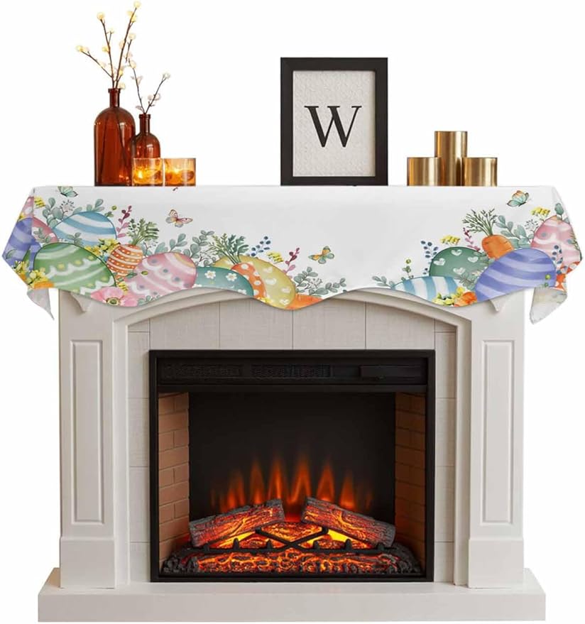 Easter Eggs Fireplace Mantel Scarf Table Runner, Spring Botanical Eucalyptus Floral Butterfly Winter Garland Mantel Top Tablerunners Dresser Scarves Cover for Windows Party Living Room 70''x17''