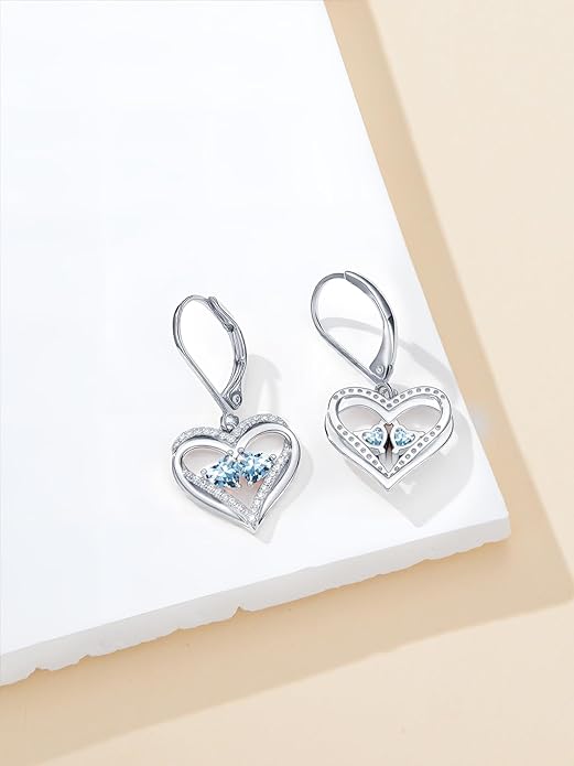 Valentines Day Gifts for Women, Heart Leverback Earrings Double Birthstone Dangle Earrings for Women, Love Jewelry for Her, Anniversary Birthday Gift for Mom Wife Girlfriend