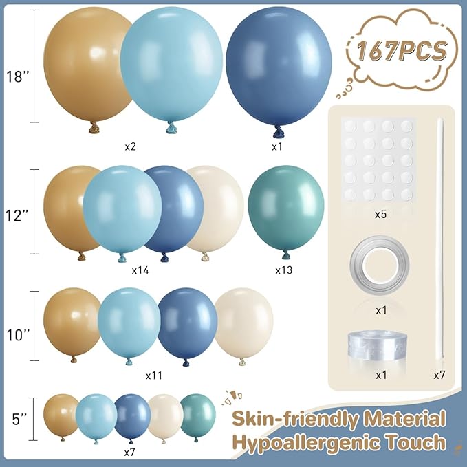 Dusty Blue Camel White Balloon Garland Arch Kit, 167Pcs Latex Balloons Different Sizes 15 12 10 5 inch for Baby Shower Gender Reveal Birthday Bear Theme Party Decorations