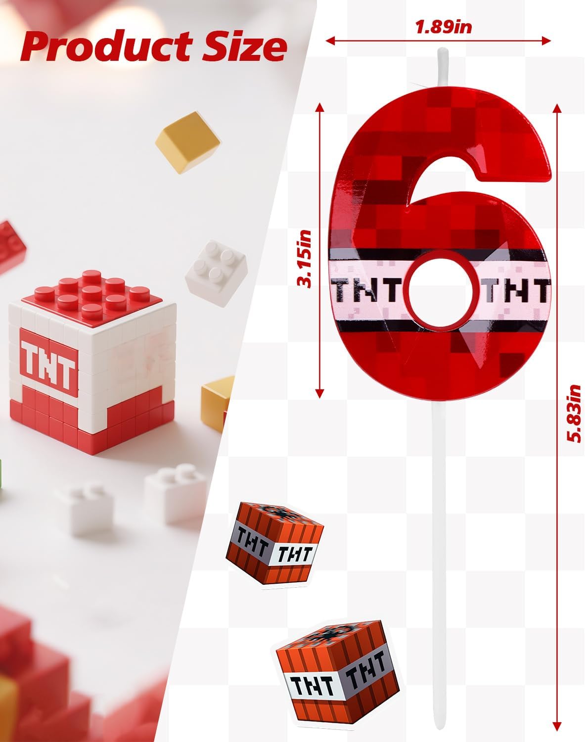 Pixel Birthday Candle, 2.68 Inch Miner Number Candles, Game Themed Candle Birthday Decoration for Pixel Theme Birthday Anniversary Dynamite Video Game Party (Red, 6)