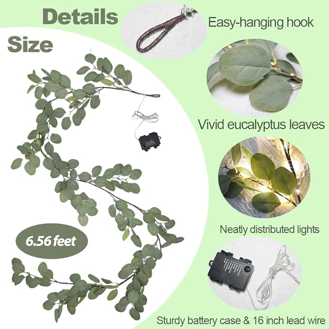 6.56FT Eucalyptus Garland with Lights 96 LEDs 8 Modes Battery Operated with Timer Faux Twig Vine Lights Spring Greenery Garlands for Mantle Fireplace Wall Table Stairs Wedding Party Bedroom Home Decor