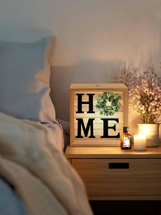 Wood Night Light Box 4.5x4.5in,Home Green Eucalyptus Wreath Table Lights Wooden Picture Frame with USB Rechargeable Touch LED Lights for Home Decor Desktop Display,Farm Vintage Wood Board
