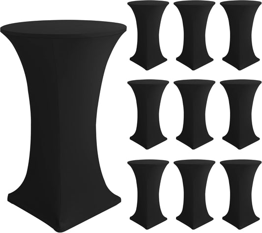 Cocktail Table Covers-Spandex Round High Top Table Cloths 10 Pack 32x43 Inch-Black Stretch Fitted Bar Tall Tablecloth for Pub Bistro Highboy Party Event Banquet Height Folding Satnding